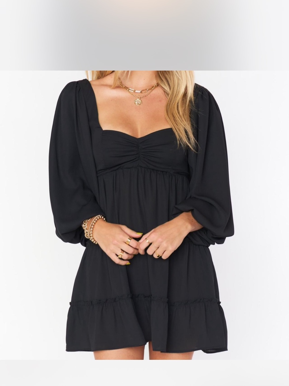 Show Me Your Mumu Black Tiered Puff-Sleeve Mandi Mini Dress - Picture 2 of 6